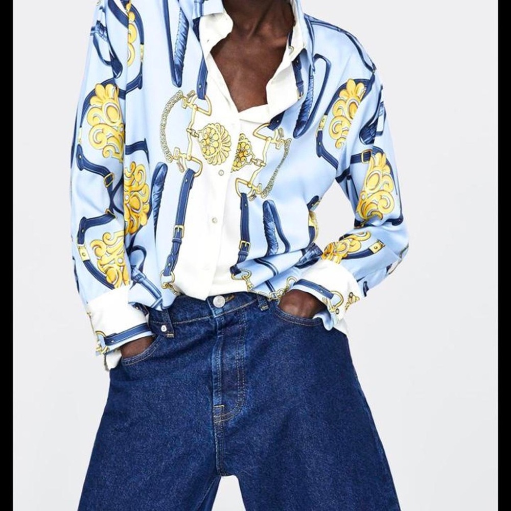 Zara chain satin Blue and Gold Patterned Shirt